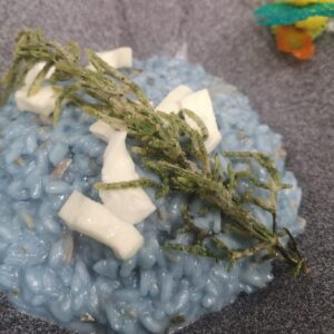 Risotto con Salmone Norvegese, natural butterfly Pea, Salicornia (asparagi di mare) e Bufala Campana.